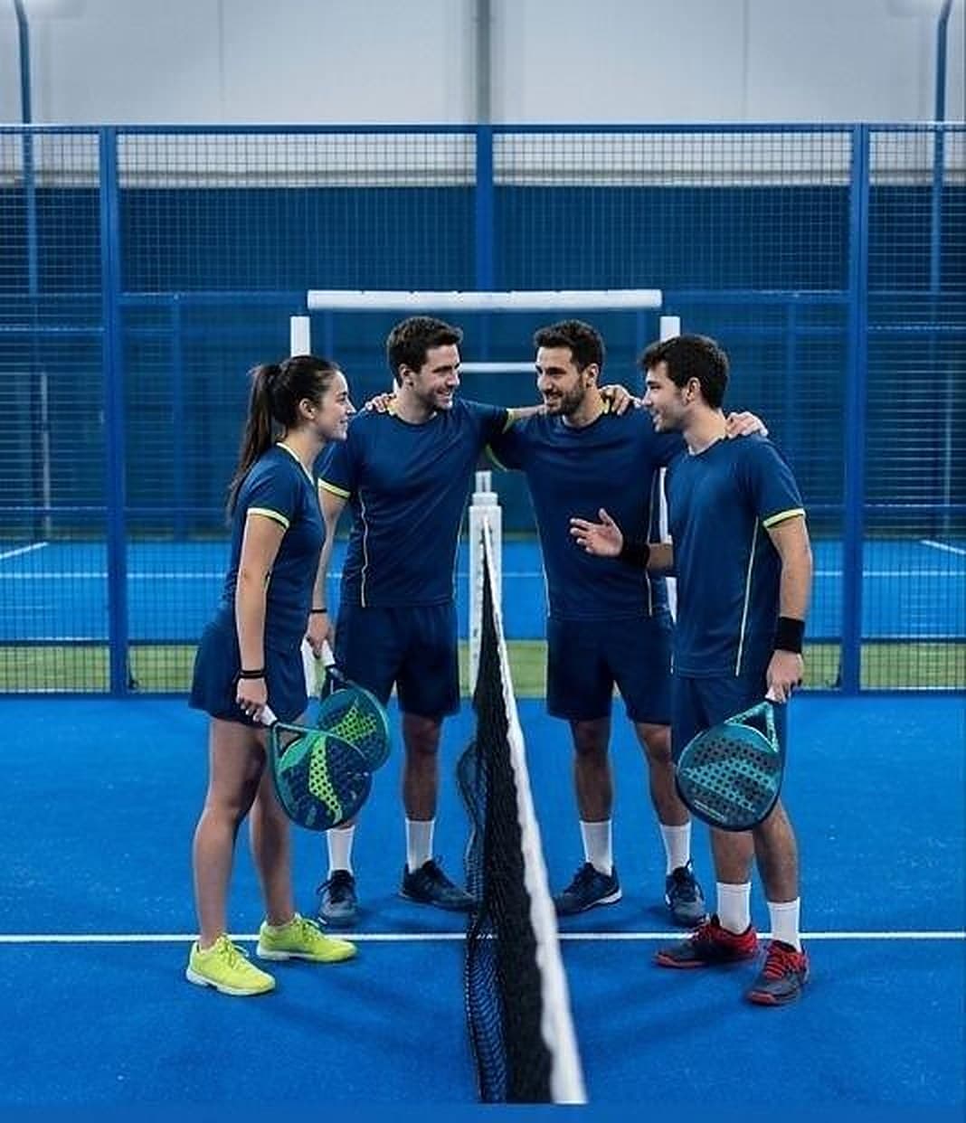 Quatre joueurs de padel réunis au filet