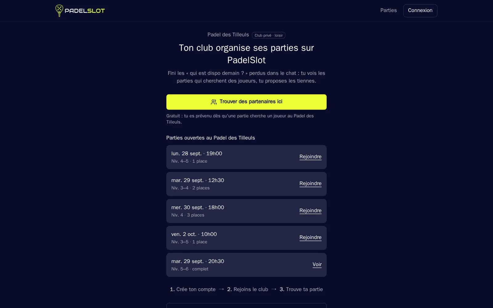 Fiche publique d'un club avec ses parties à venir